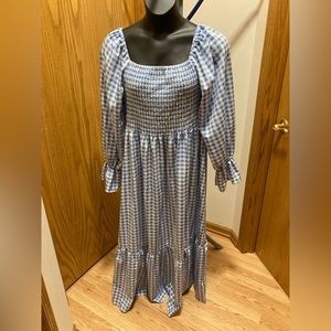 Plus Gingham Print Shirred Flounce Sleeve Ruffle Hem